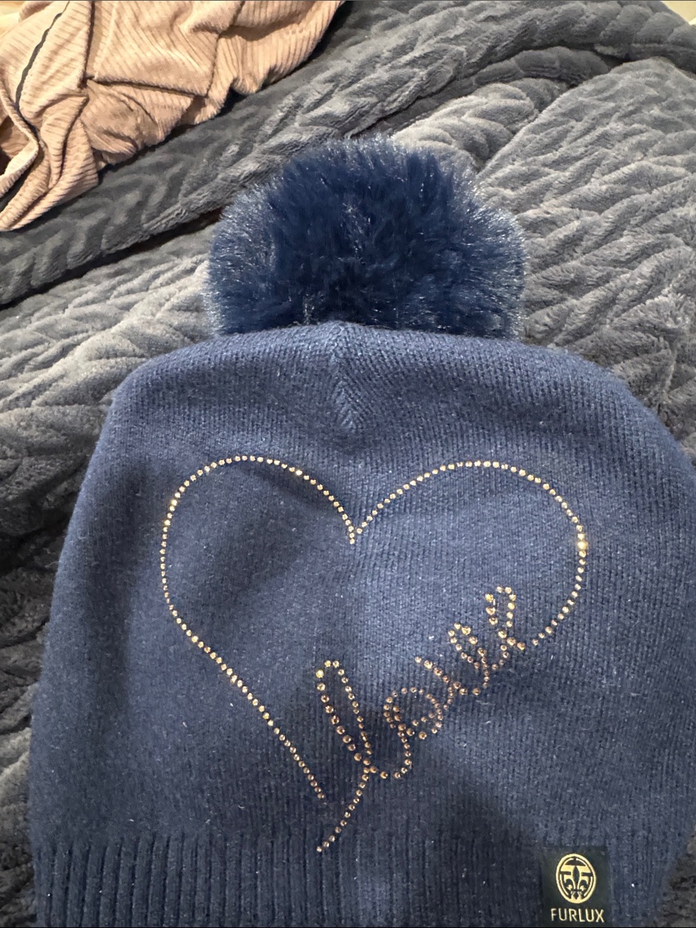 Kids Navy Pom Pom Beanie with Heart and Jewel Detail